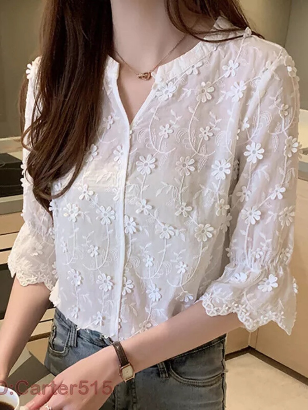 Flare Sleeve White Shirt Women Clothes Floral Embroidery Blouse Summer Tops SZ L
